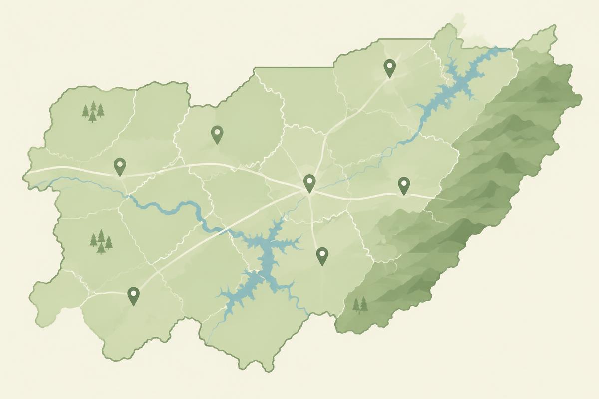 Illustrated map of the East Tennessee area served by Ridgeline Septic Co.