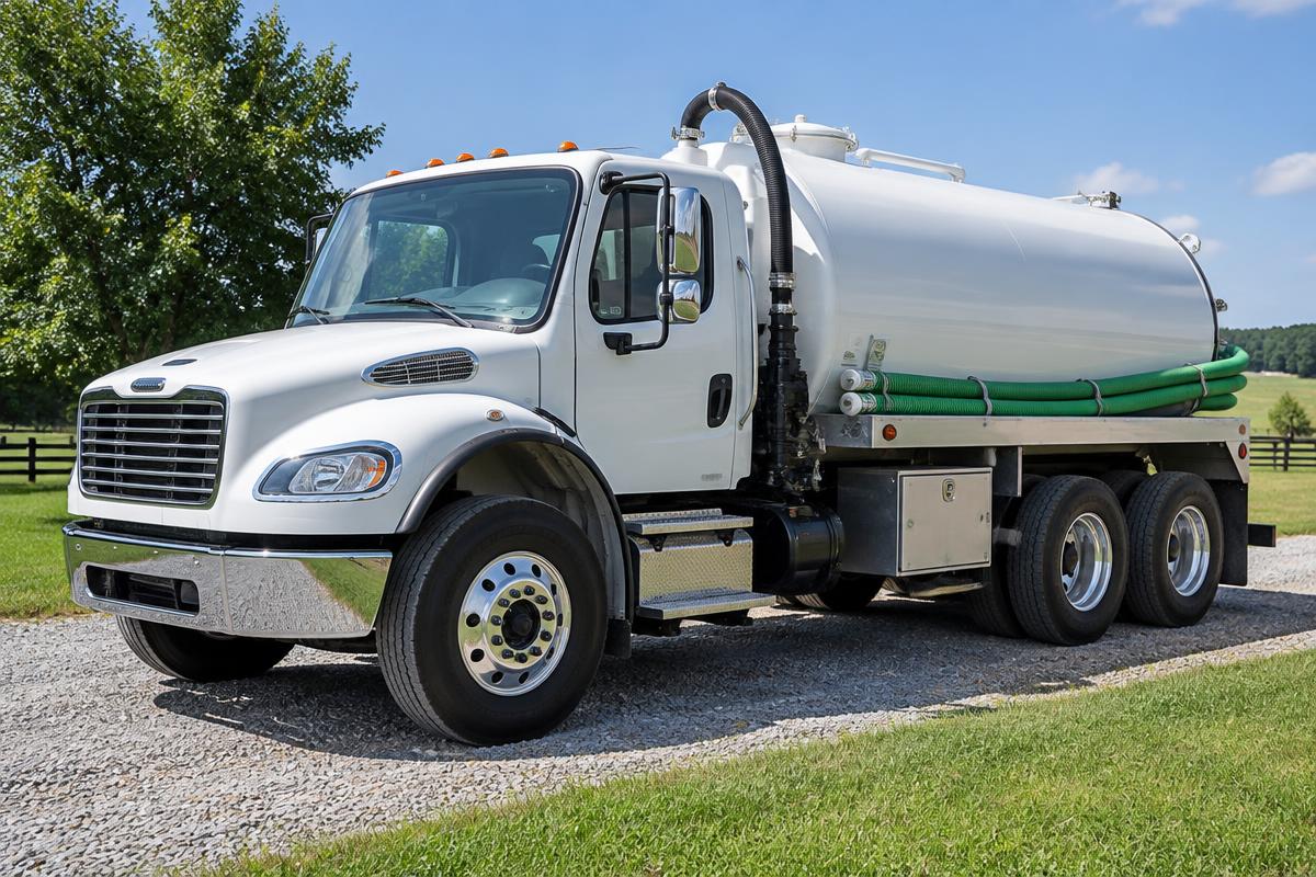 Septic service truck parked beside a rural driveway